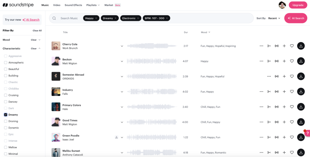 Screenshot of the Soundstripe website, showing several tracks to choose from, in this case filtered by the mood 'happy', the characteristic 'dreamy', the genre 'electronic' and a tempo of 107-300 BPM.