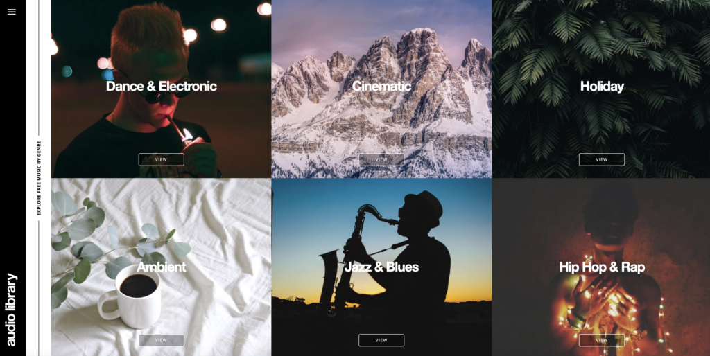 Screenshot of Audio Library website showing the range of different music genres available